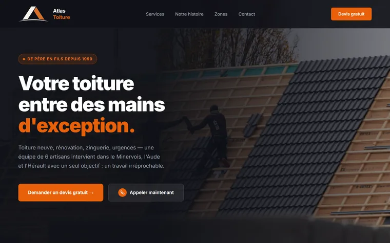 Page d'accueil du site d'Atlas Toiture, entreprise de couverture à Rieux-Minervois