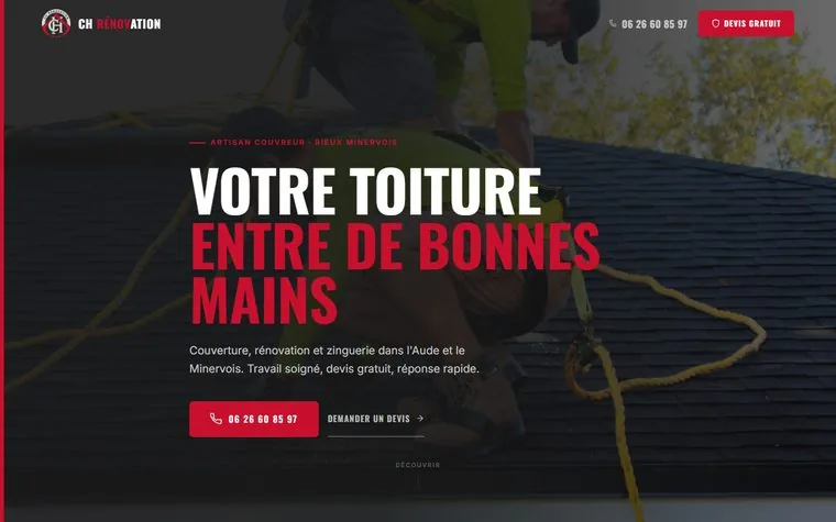 Page d'accueil du site de CH Rénovation, artisan couvreur à Rieux-Minervois