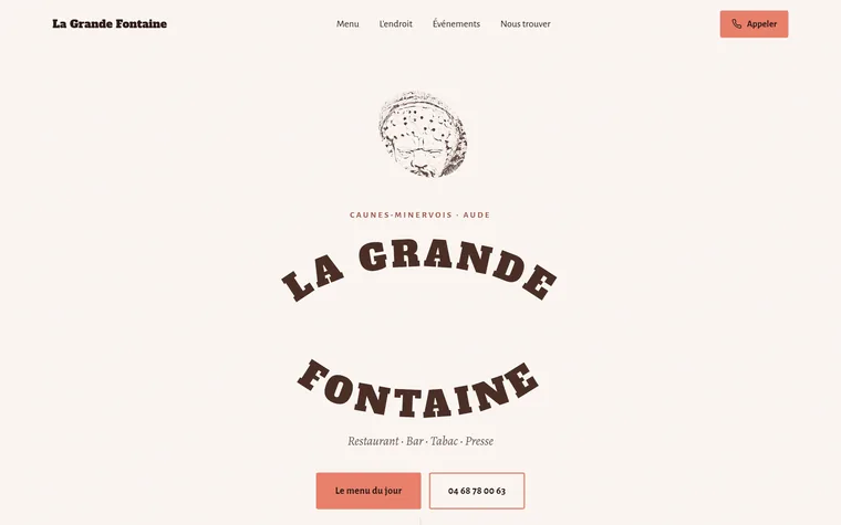 Page d'accueil du site de La Grande Fontaine, restaurant-bar à Caunes-Minervois